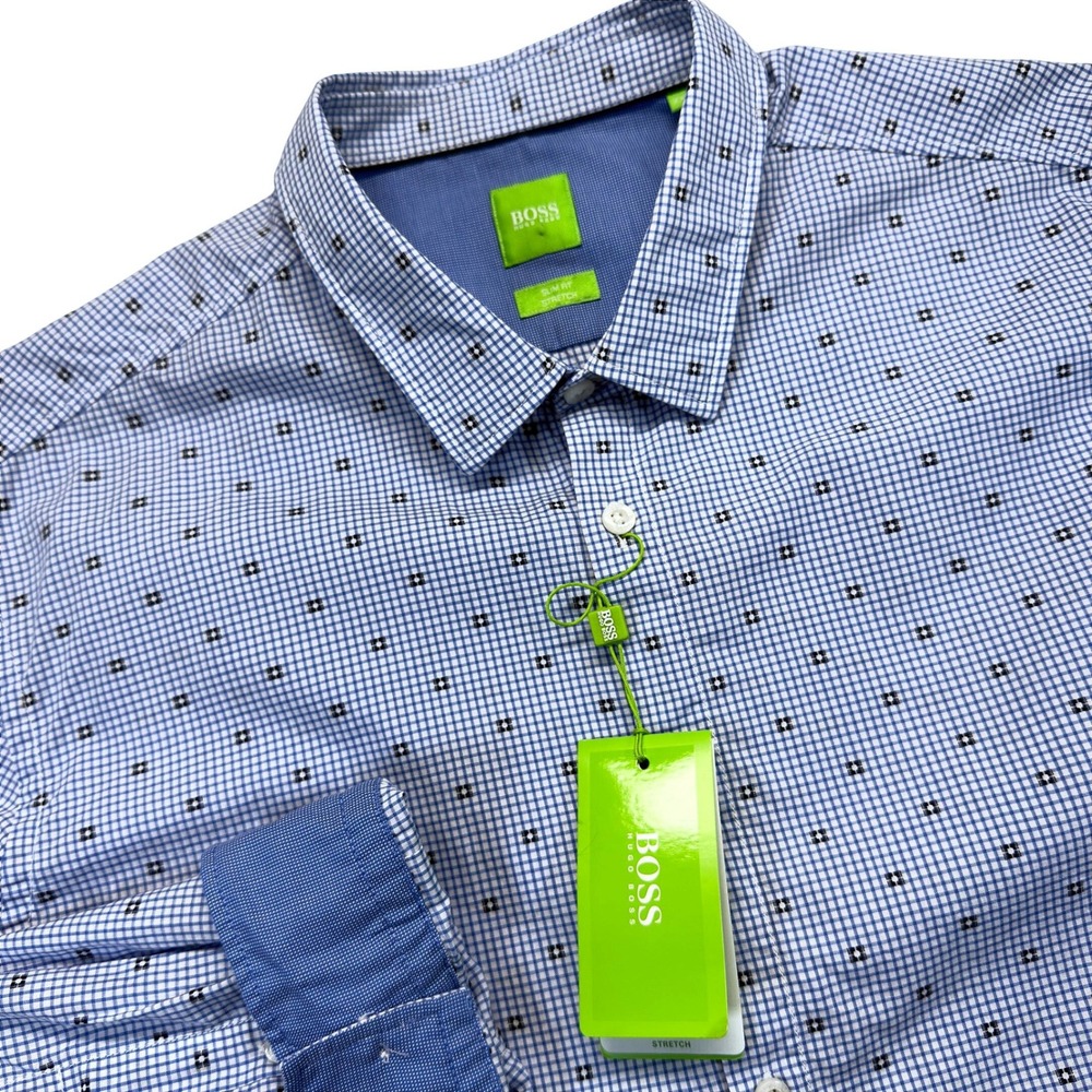 BOSS Hugo Boss Mens XXL Dress Shirt Blue Check Slim Fit Stretch Pattern NWT